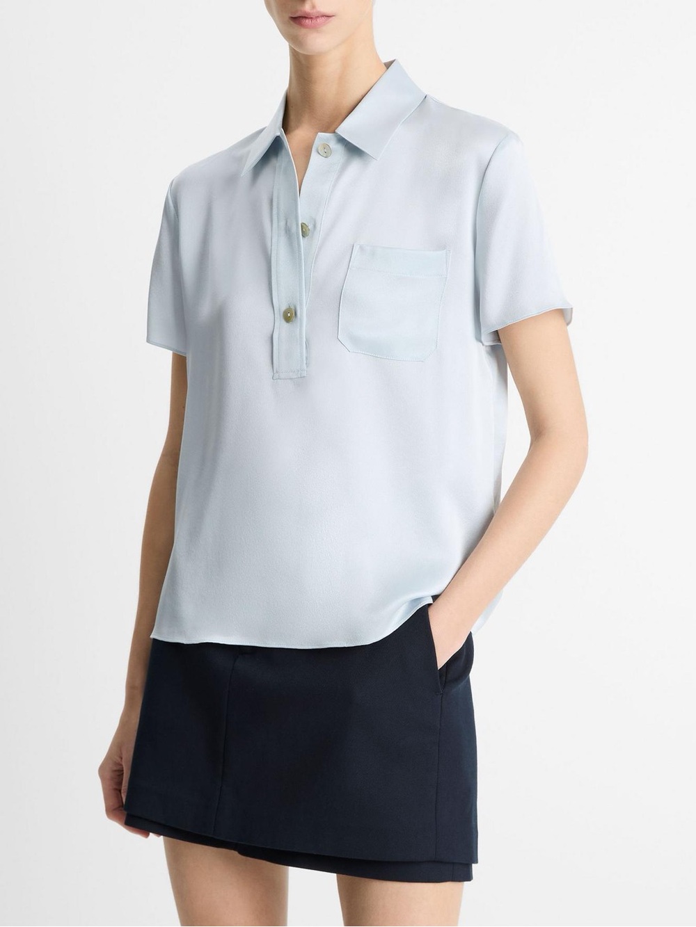 VINCE Silk Short-Sleeve Polo Shirt -Sky Mist - Picture 2 of 4